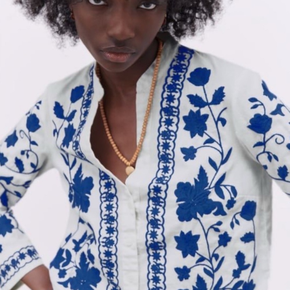 Zara White Blouse with Blue Floral Embroidery